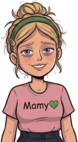 Mamma MAMY, chignon biondo e maglietta rosa con il cuore verde
